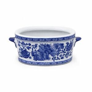 Blue & White Porcelain Chinoiserie Oval Cachepot Planter